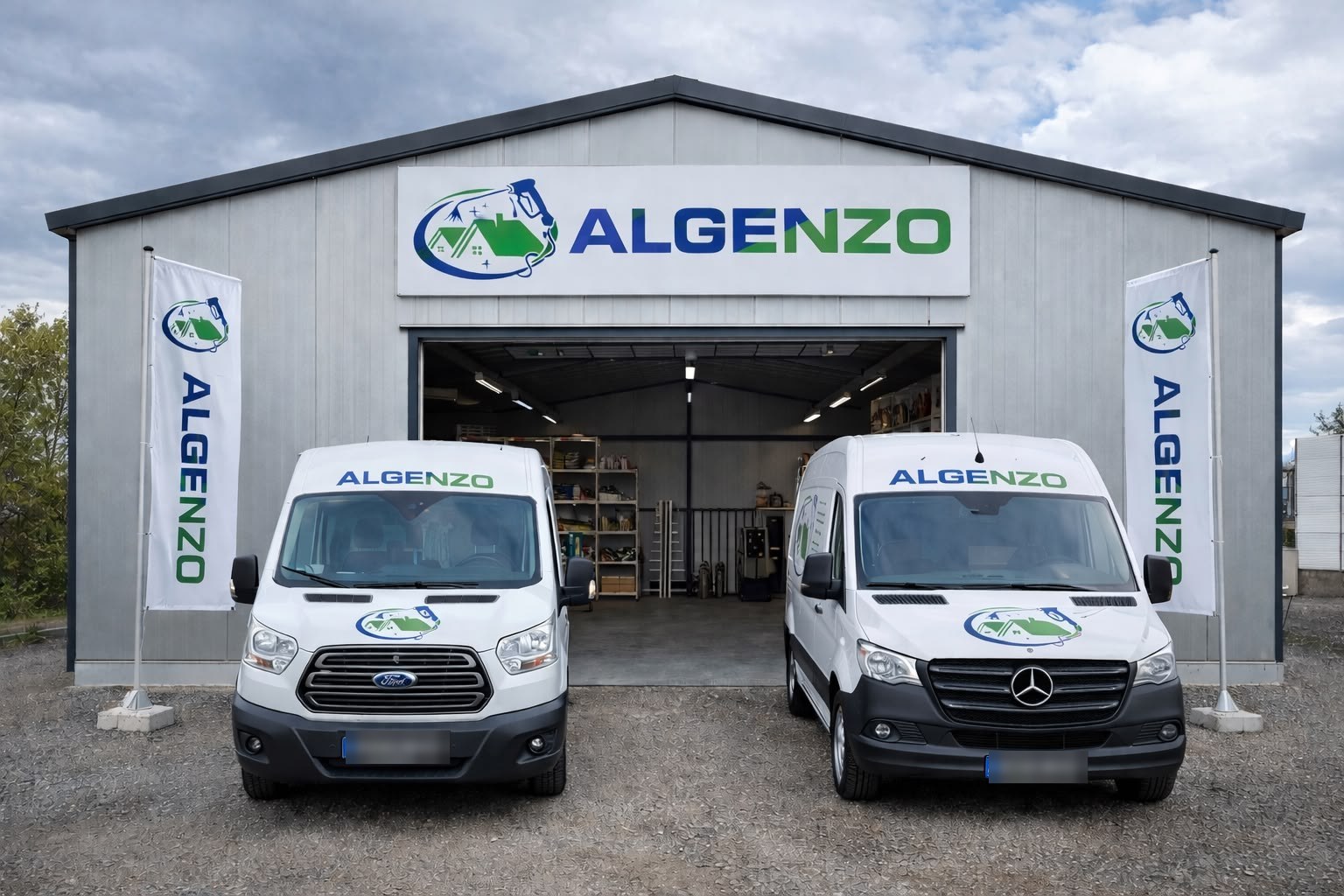 Algenzo Betrieb in Calw – eigene Halle und gebrandete Fahrzeuge
