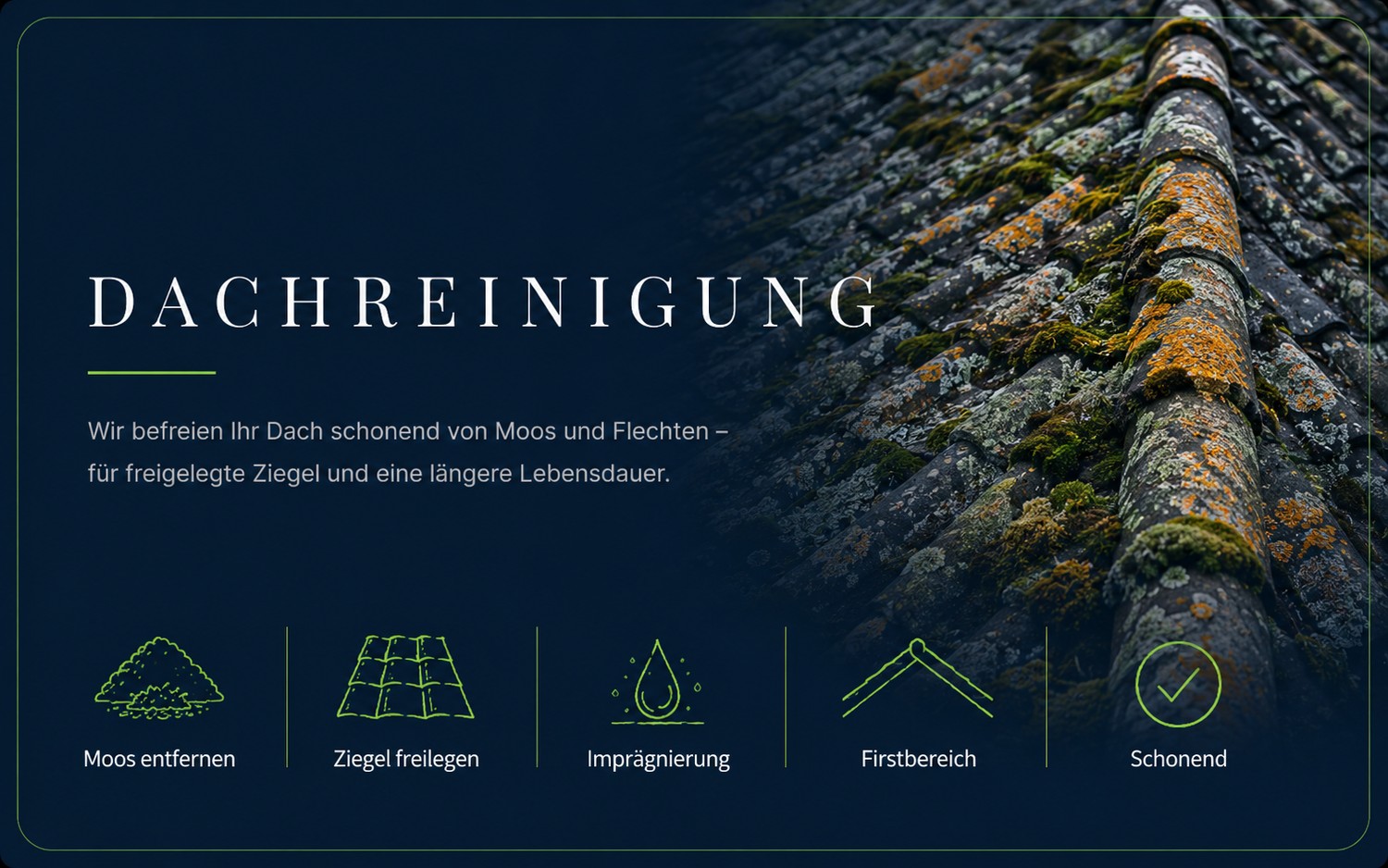 Dachreinigung – Moos entfernen, Ziegel freilegen, Imprägnierung, Firstbereich, schonend